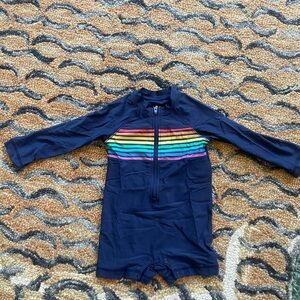 Primary Navy Swim Rashguard with Rainbow Stripes